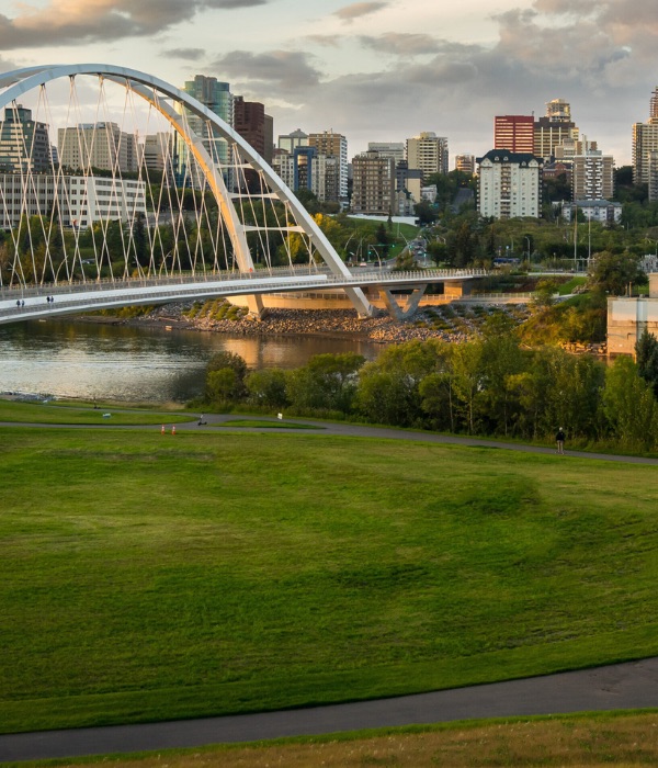 Edmonton skyline with the Walterdale Bridge at sunset